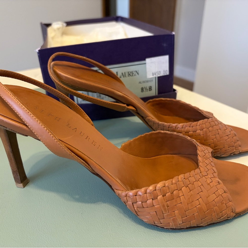 Ralph Lauren Woven Leather Slingback Heels - Tan Brown
